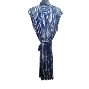 VELVET Blue & White Ikat-Style Patterned Print V-neck Line Cinched Waist Medium